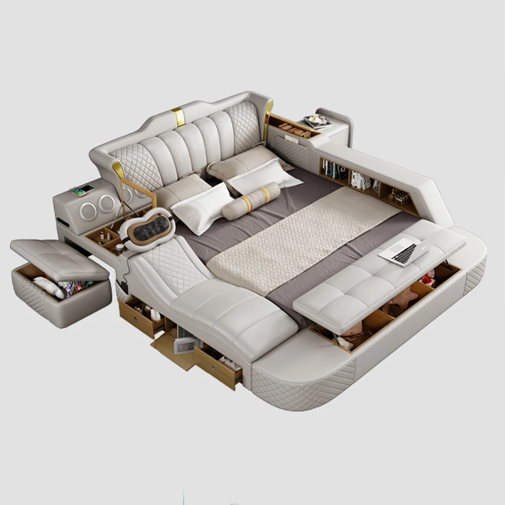 MINGDIBAO Tech Smart Bed 2 People Genuine Leather King Size Bed Frame with Massage, USB, Bluetooth Speaker, Wireless Charge,Safe