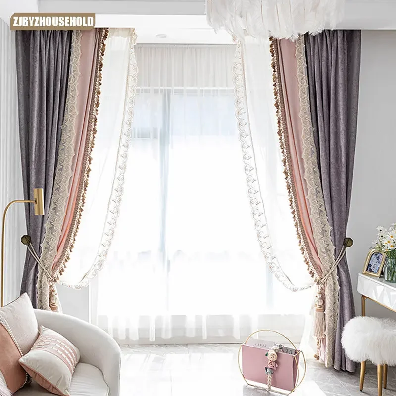 

French Luxury Curtains for Living Dining Room Bedroom Morandi Lavender Simple American Thickened Shading Chenille Lace Curtain