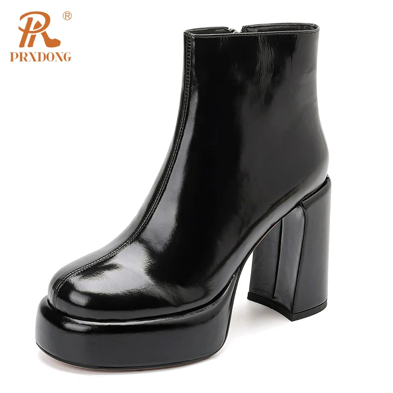 PRXDONG Women\'s Genuine Leather Shoes 2023 New Fashion Autumn Winter Warm Ankle Boots Chunky High Heels Platform Dress Party 40