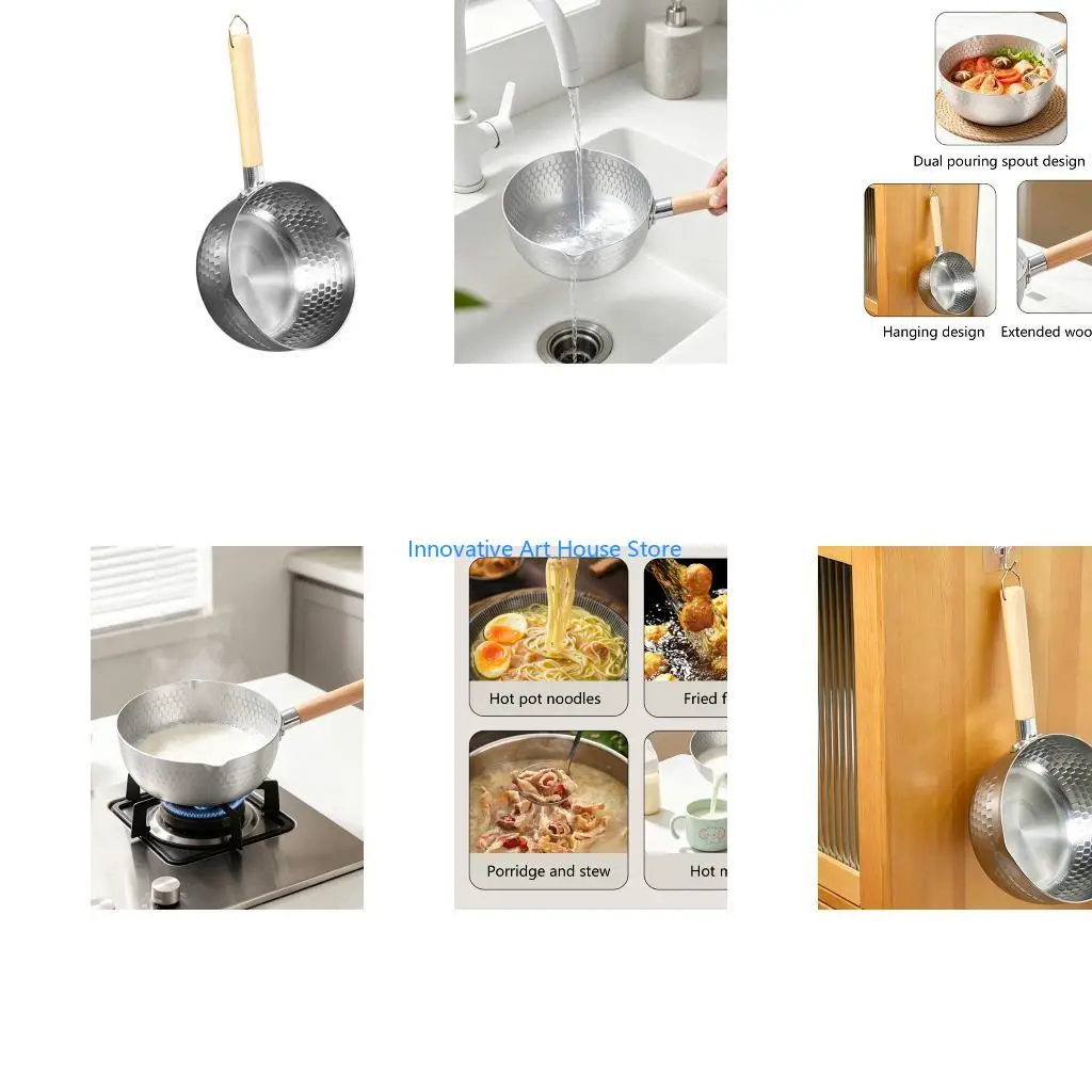 E1PC Small Aluminum Saucepan with Wooden Handle, 18.5 Yukihira Milk Pan with Pour Lip for Warming Milk, Heating Soup, Broth and