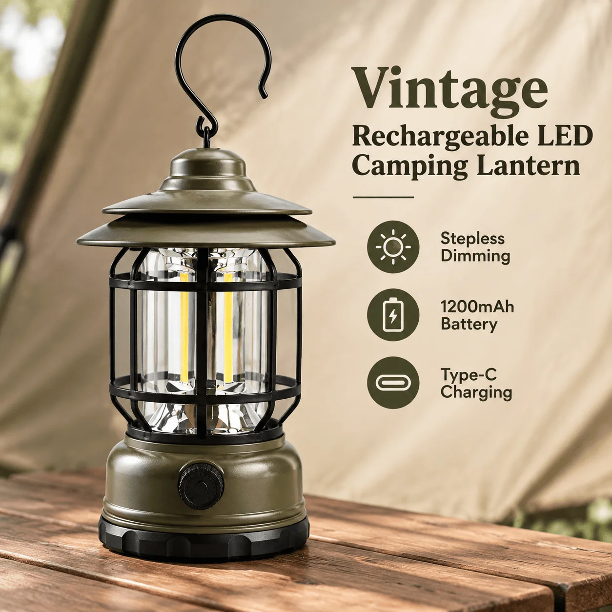 Vintage Rechargeable LED Camping Lantern, Stepless Dimming, 1200mAh Battery, Type-C Charging, Hanging Hook, ABS and PS Body, for Tent Lighting, Outdoor Camping, Home Use and Emergency Illumination, 245 x 115 x 115mm, IPX4 rating
