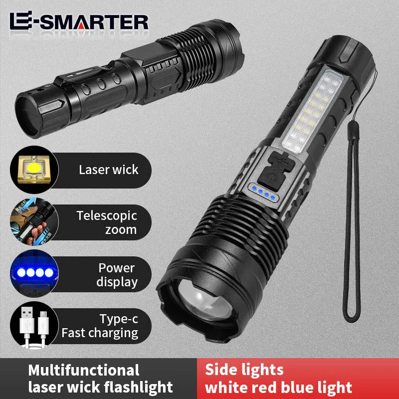 Senter LED Zoom kuat tipe-c dapat diisi ulang, lampu sorot tentara taktis, lampu kerja memancing berkemah