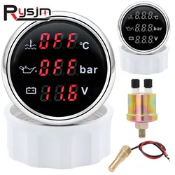 Custom 3 IN 1 Digital 52mm Gauge 0~120℃ Water Temperature Gauge+Oil Pressure Meter+Volt with Alarm NPT1/8 Temp Oil Press Sensor