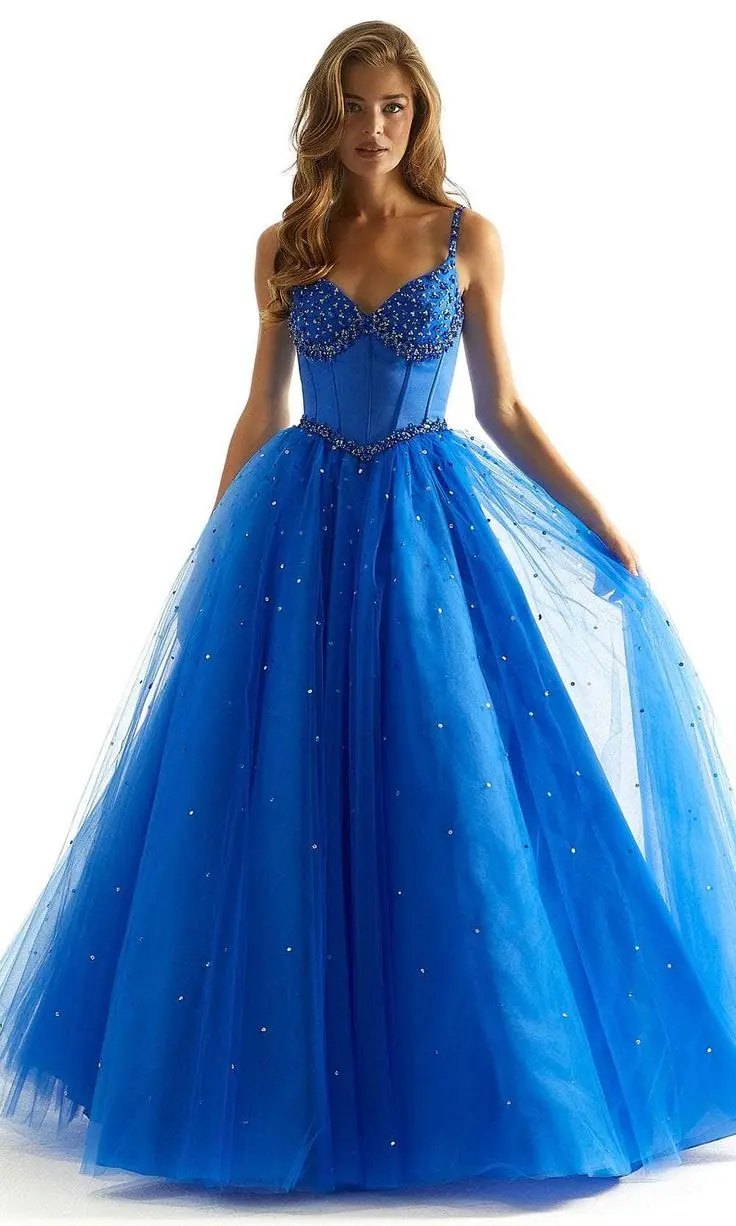 Beaded Evening Dresses Tulle V Neckline Spaghetti Strap A Line Backless Prom Gowns Women Elegant Party