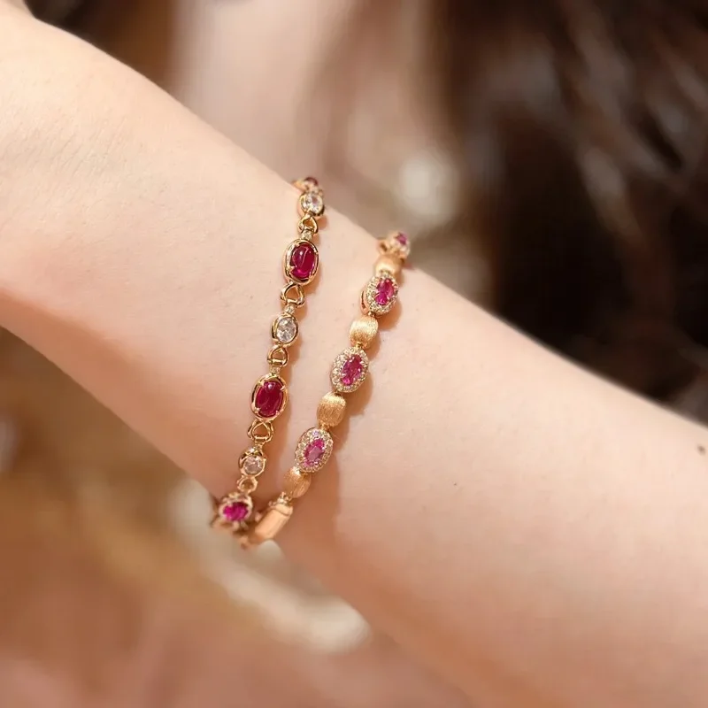 Vintage light luxury style wire drawing inlaid oval ruby bracelet for women High quality exquisite wedding bride bangles jewelry