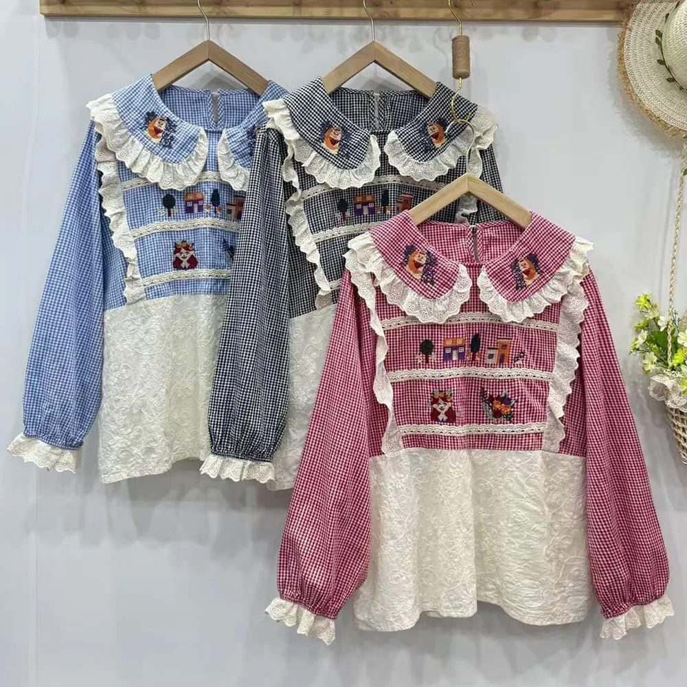 

Mori Girl Vintage Sweet Lolita Lace Embroidery Cotton Shirts Women Autumn Kawaii Cute Peter Pan Collar Long Sleeve Blouses Tops