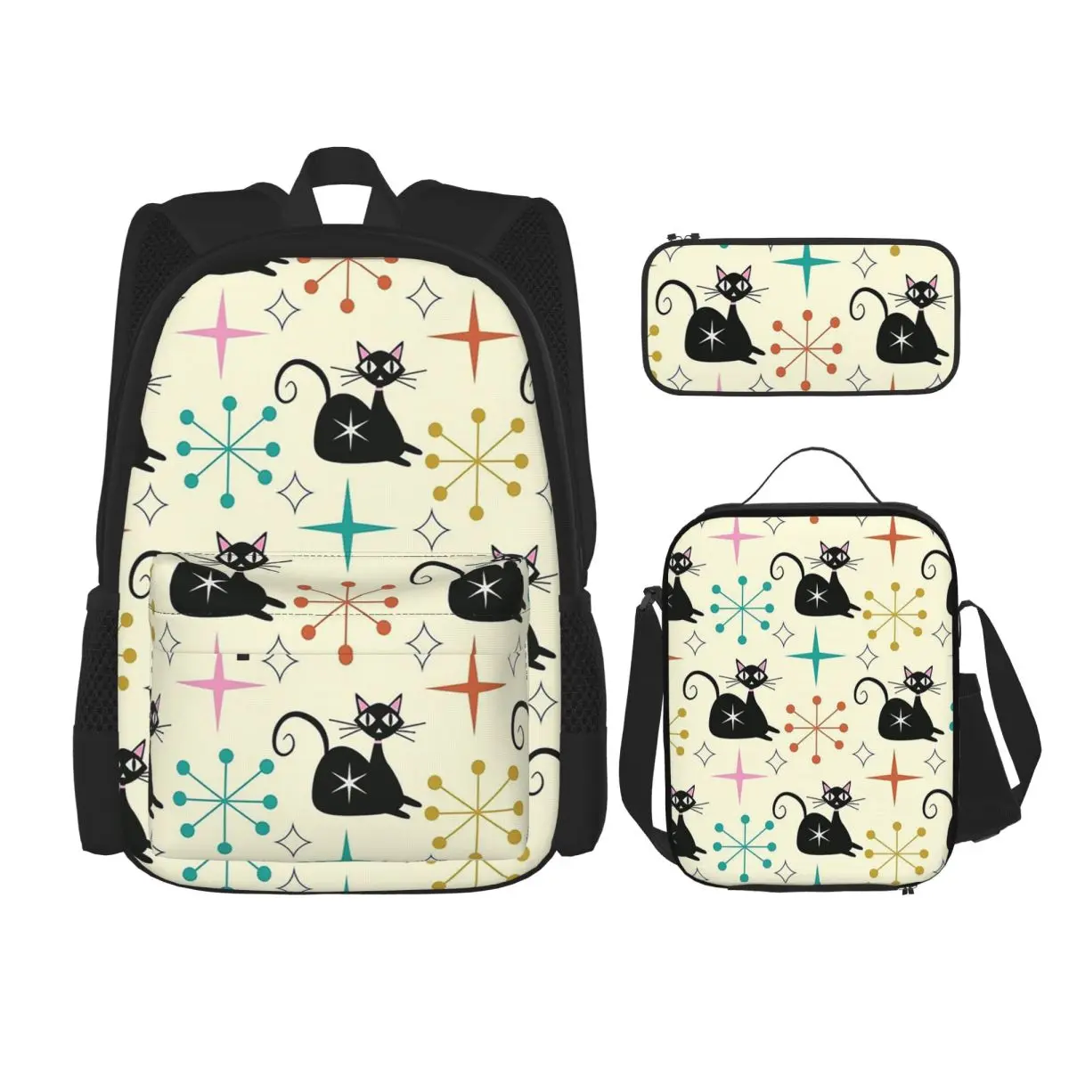 Mid Century Black Atomic Cat With Starbursts Backpacks Kids Bookbag School Bags Rucksack Lunch Bag Pen Bag Three-Piece Set