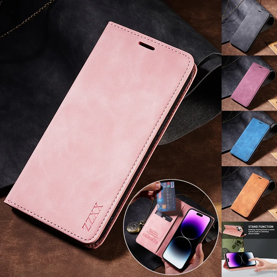 Wallet Skin Friendly Magnetic Flip With Card Slot Leather Case For iPhone 15 Pro Max 14 13 12 11 SE 2022 2020 X XS XR 8 7 Plus