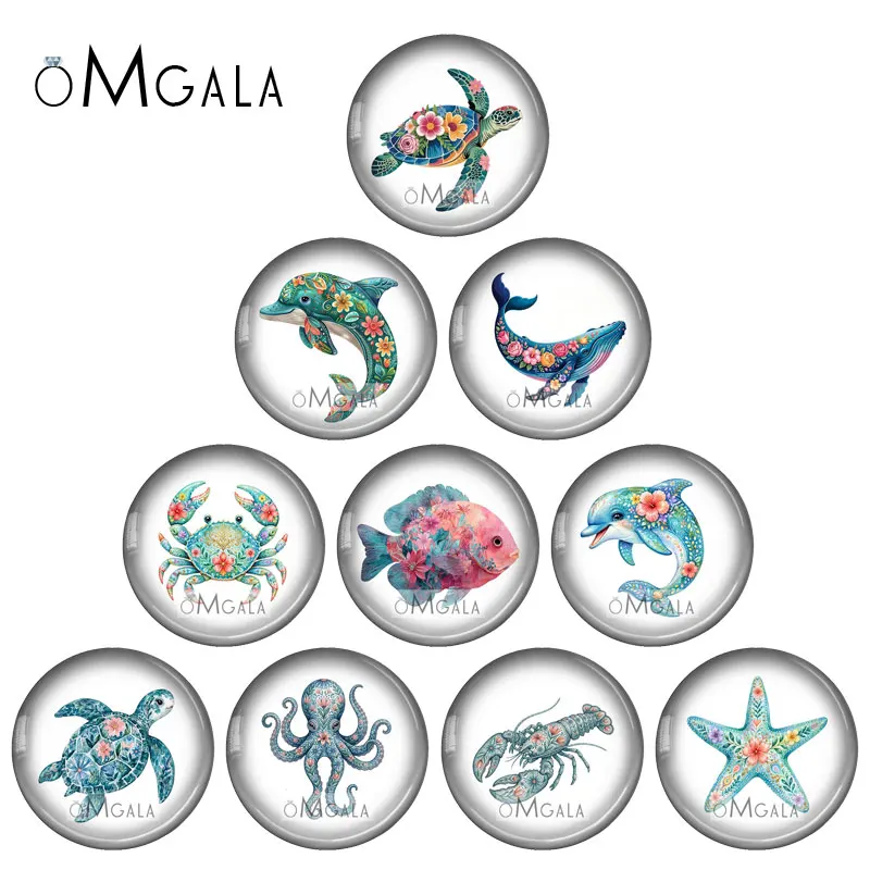 Fashion Flower Sea Animals Turtle Shark Dolphin Art 10pcs 12mm/18mm/20mm/25mm Round photo glass cabochon demo flat back Makings