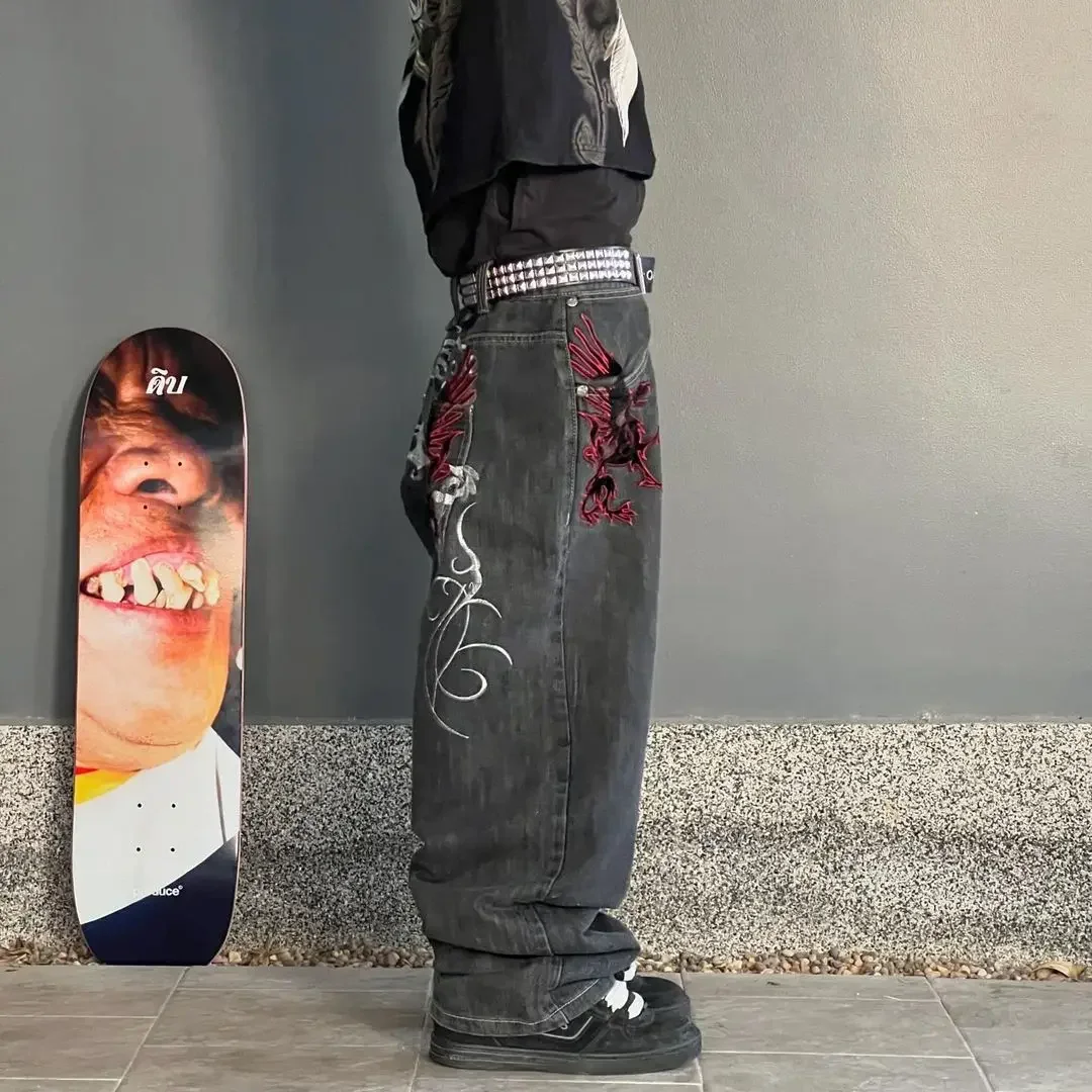 Fashion trend embroidery pattern denim trousers for men American retro men's street personality design hip-hop loose pants