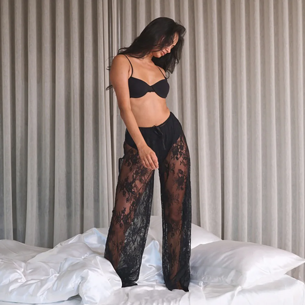 Pantaloni dritti larghi casual alla moda per ragazza calda lunga sexy a vita alta velata in pizzo nuovo estivo da donna