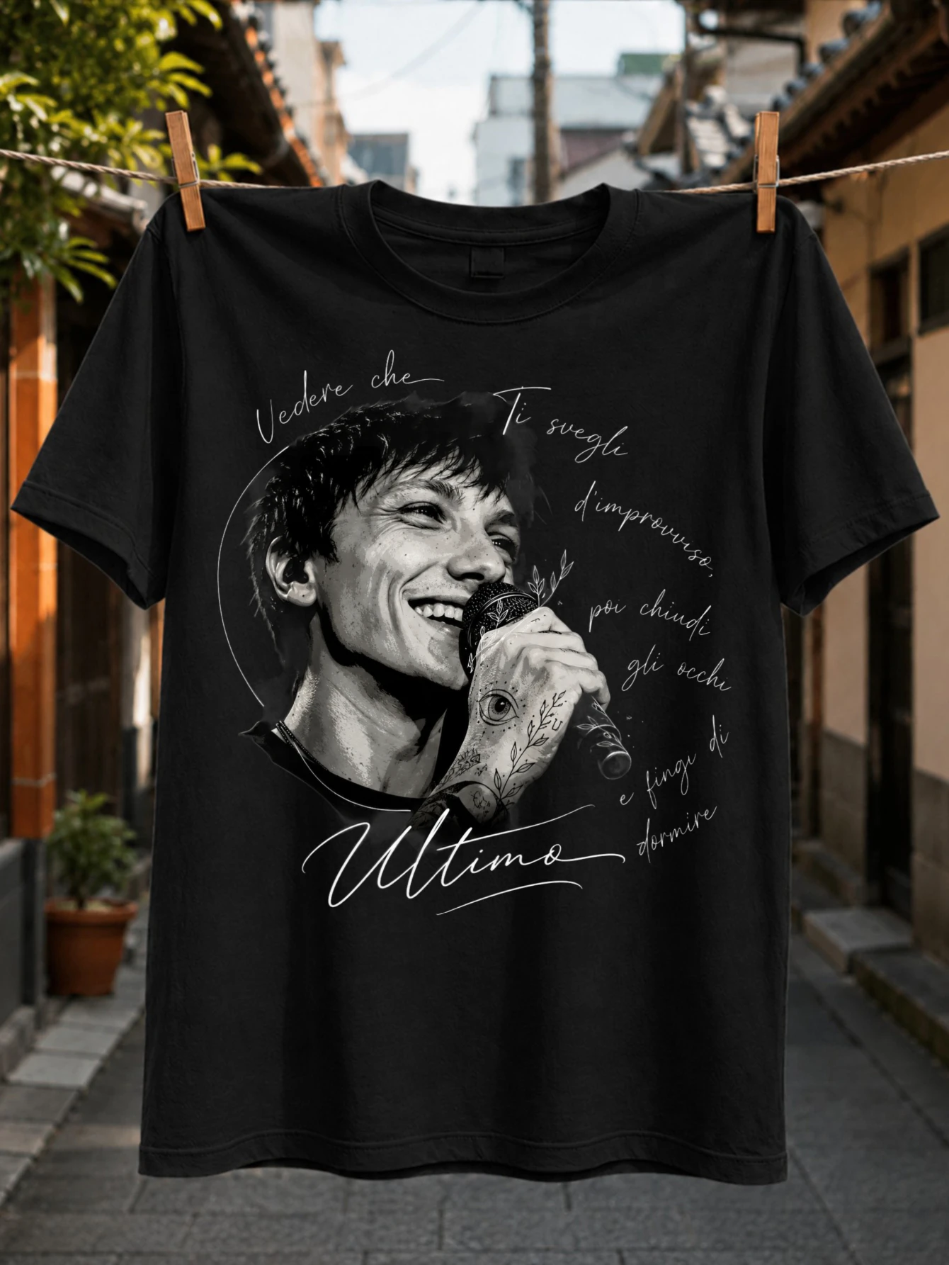 Ultimo Lyric with grayscale smiling microphone portrait circular handwritten lyric tattoo hand and  Unisex All T-Shirt