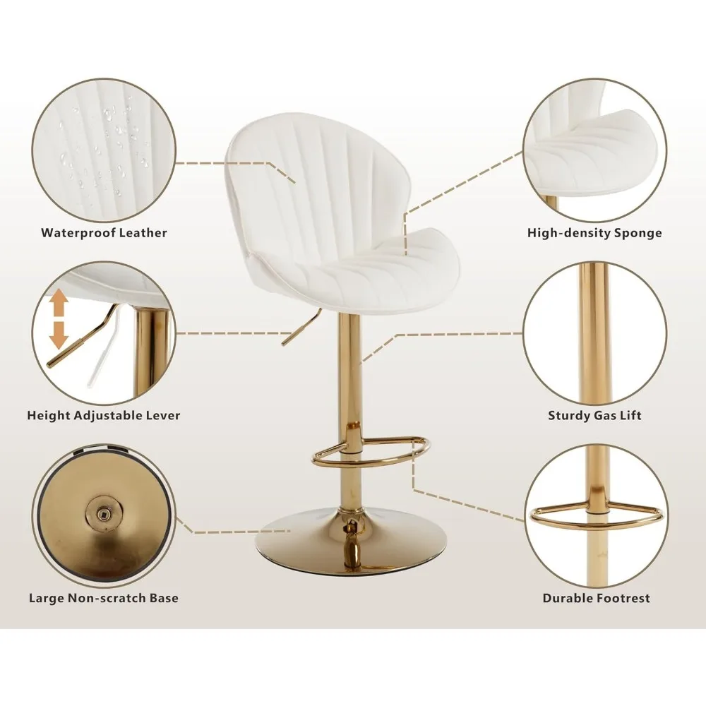 フェイクレザー ホワイト バースツール 4 個セット 高さ調節可能なバーチェア モダンな回転バースツール シェル型バック付き キッチンスツール