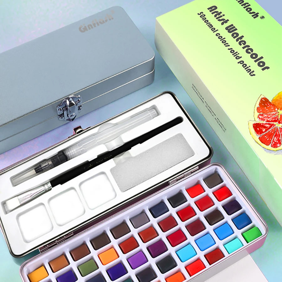 50/90 Color Solid Watercolor Paint Set Glitter Portable Metal Box Watercolor Pigment squirrel hair brush nail art