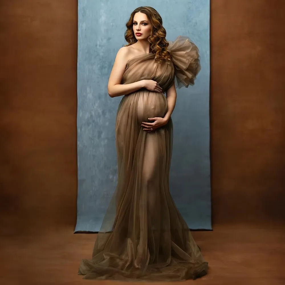 Transparentes Tüll-Umstandskleid für Fotoshooting, einschultriges, fließendes Schwangerschaftskleid, Fotografie, Fotoshooting-Studio für schwangere Frauen