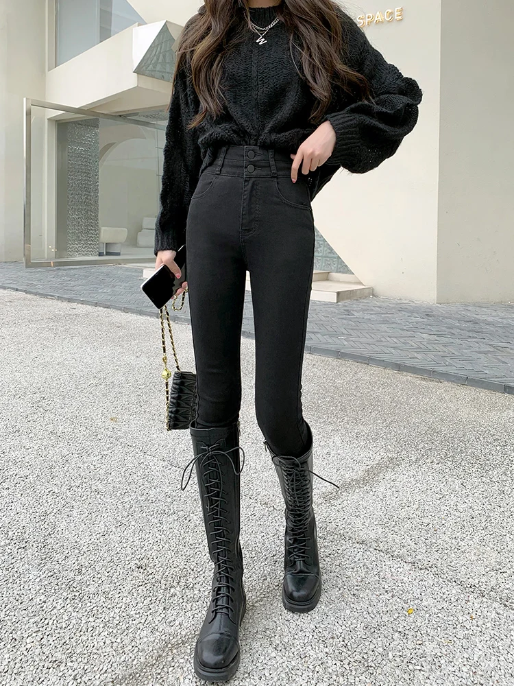 High Waist Fleece Lined Slim Fit Jeans Women's 2026 New Autumn Winter Slimming Black Small Size Tight Pencil Pants