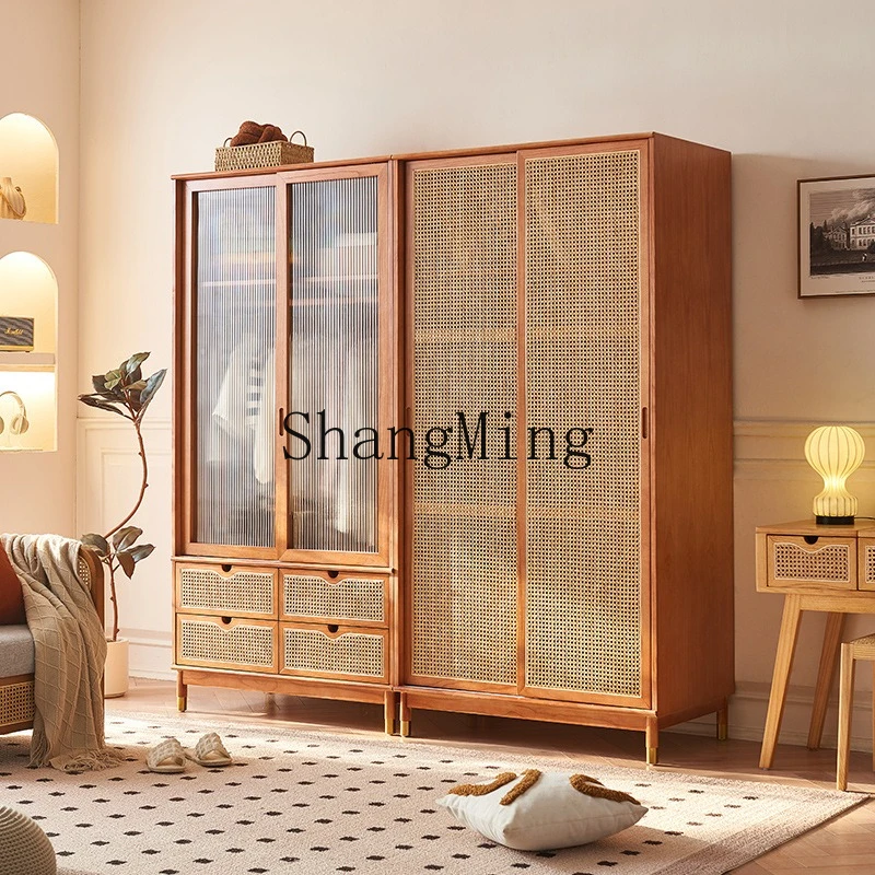 

ZYY wabi-sabi wind solid wood double door wardrobe bedroom storage locker household sliding door rattan wardrobe