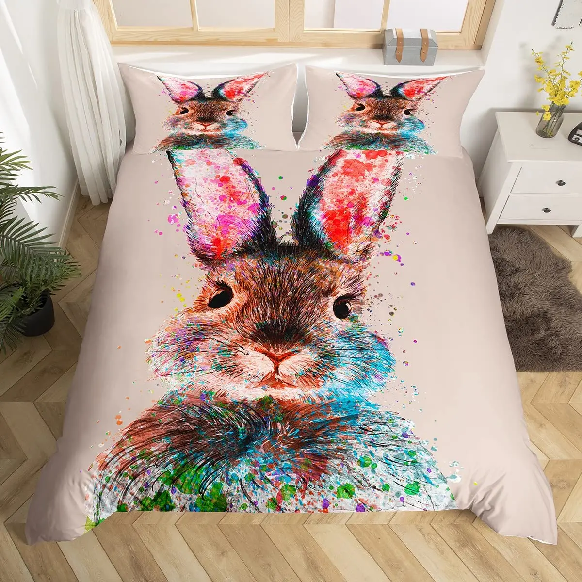 Rabbit Comforter Cover Full,Pink Floral Bedding Sets Girls Women Cute Bunny Duvet Cover Bedroom Decor 3Pcs with 2 Pillow Case