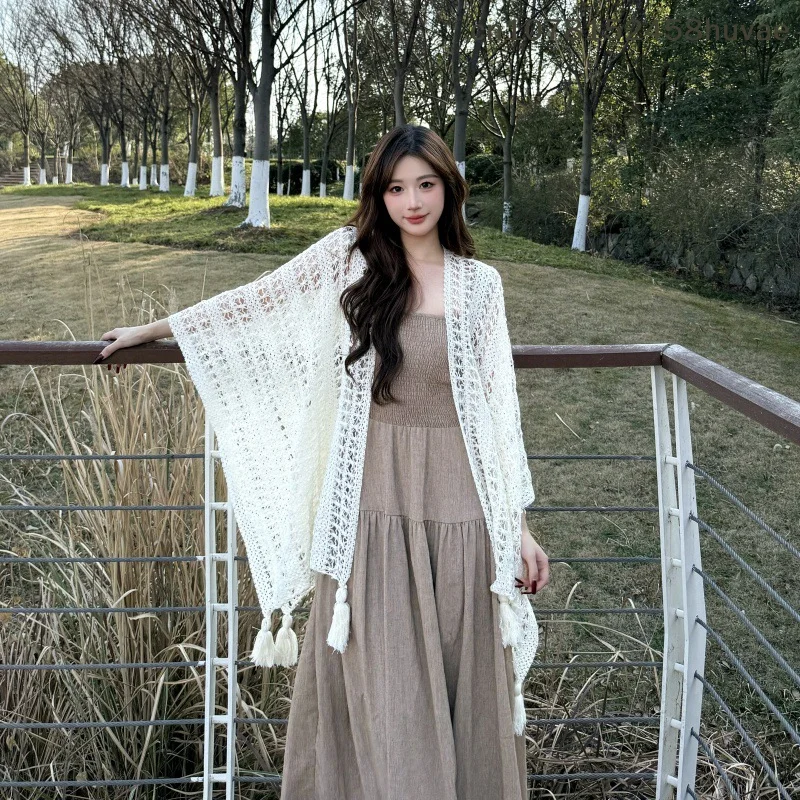 {MAX-66} Summer Mesh Lace Women Cover-Up With Tassels Elegant Beach Open-Front Sun Protection Shawl