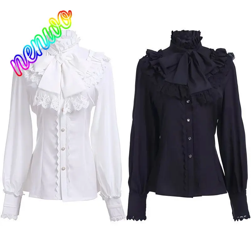 

Японские винтажные рубашки в стиле Лолита для женщин, винтажные милые блузки с расклешенными длинными рукавами, приталенные топы, женские готические блузки Y2K, черно-белые блузы