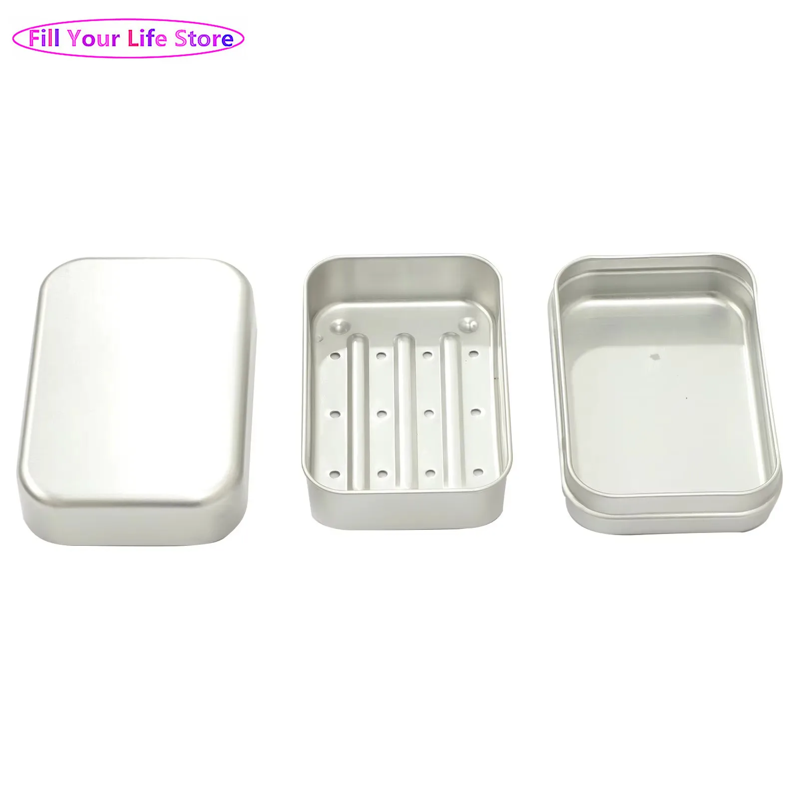 

Set of 2 Light Aluminium Soap Boxes with Lid And Removable Draining Rack Holder Container Tin Can Storage for Home Travel