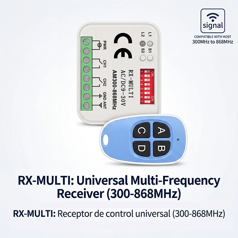 Universal Garage Door Gate Remote Control Kit RX-MULTI 300-868MHz RF Receiver 9-30V 2 Channel Relay Switch 433MHz 868MHz Rolling