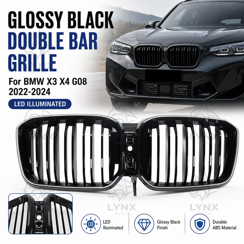 For BMW 2022-2024 X3 X4 G08 Glossy Black Double Bar Double Line LED Illuminated Front Bumper Grille Modification
