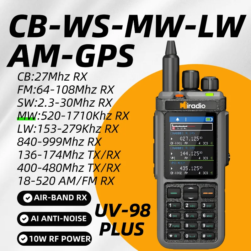 راديو iradio UV-98 GPS APRS ثلاثي الاستعداد AM/CB/SSB HF HAM مع 1024 قناة AM LW MW SW UHF VHF RX TX، هوائي مزدوج