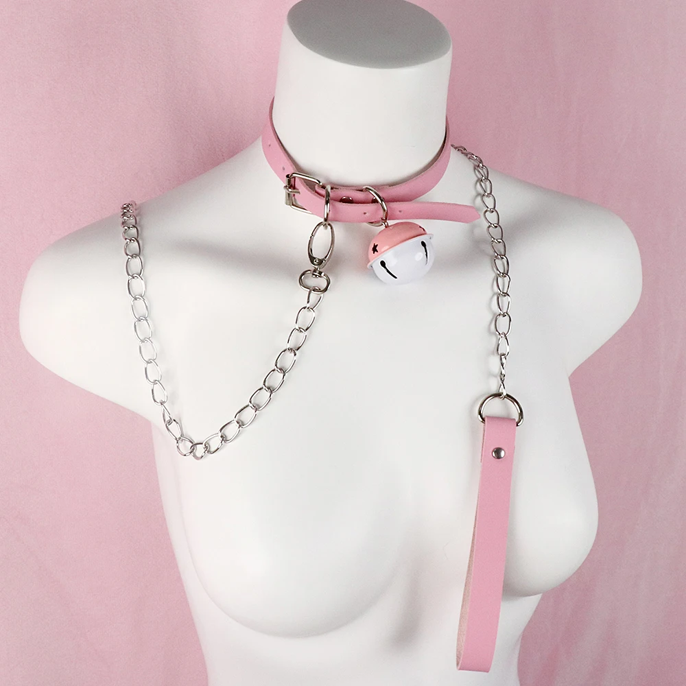 Slave Bed Bondage Pink Collar PU leather Neck Restraint with Chain Leash BDSM Erotic Sex Toys For Women Couples Adult Games