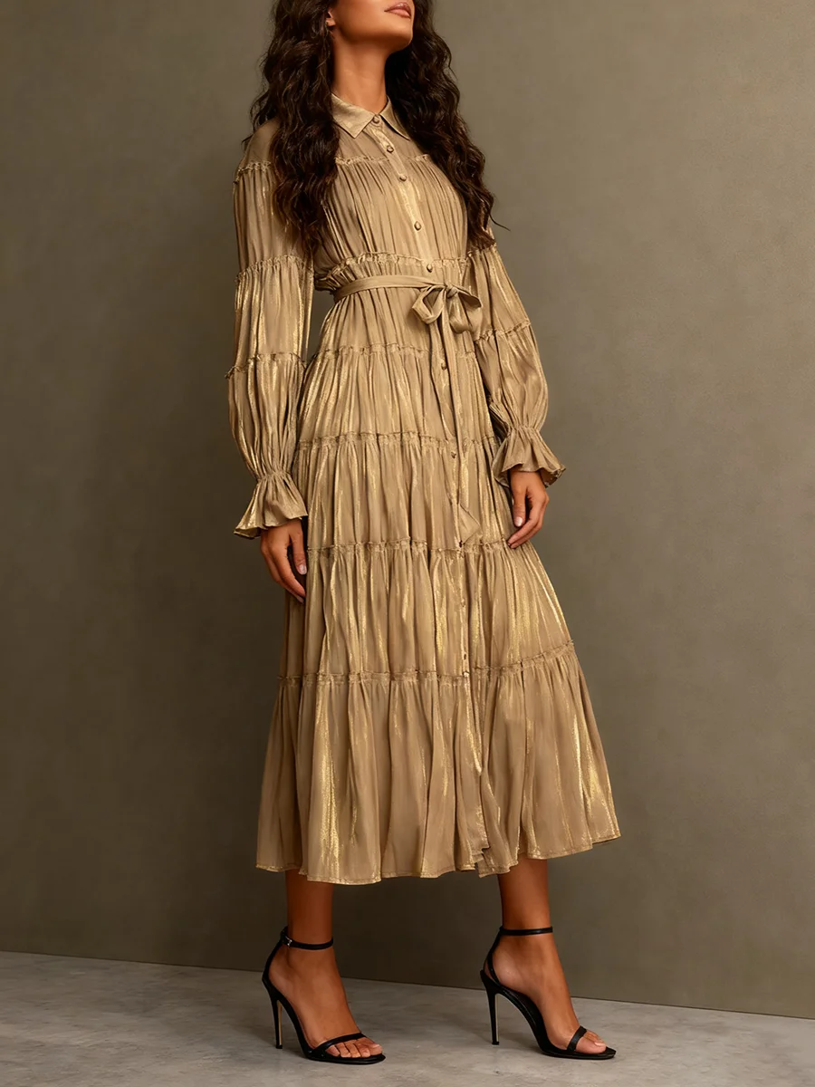 VGH 솔리드 프렌치 엘레강트 스플릿 드레스 여성용 라펠 랜터 슬리브 하이 웨이스트 스플라이스드 레이스업 드레이프 드레스 여성 패션 신상