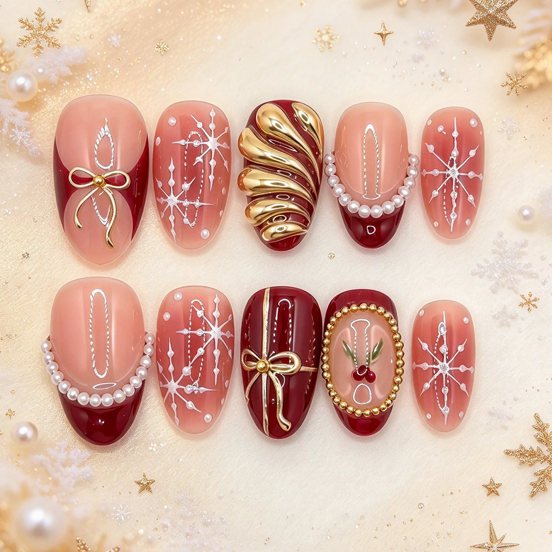 24Pcs Christmas Gilded Bow Press on Fake Nails Almond Wearable Finished Stick on Nail with Snowflake Pearl French Manicure Tips