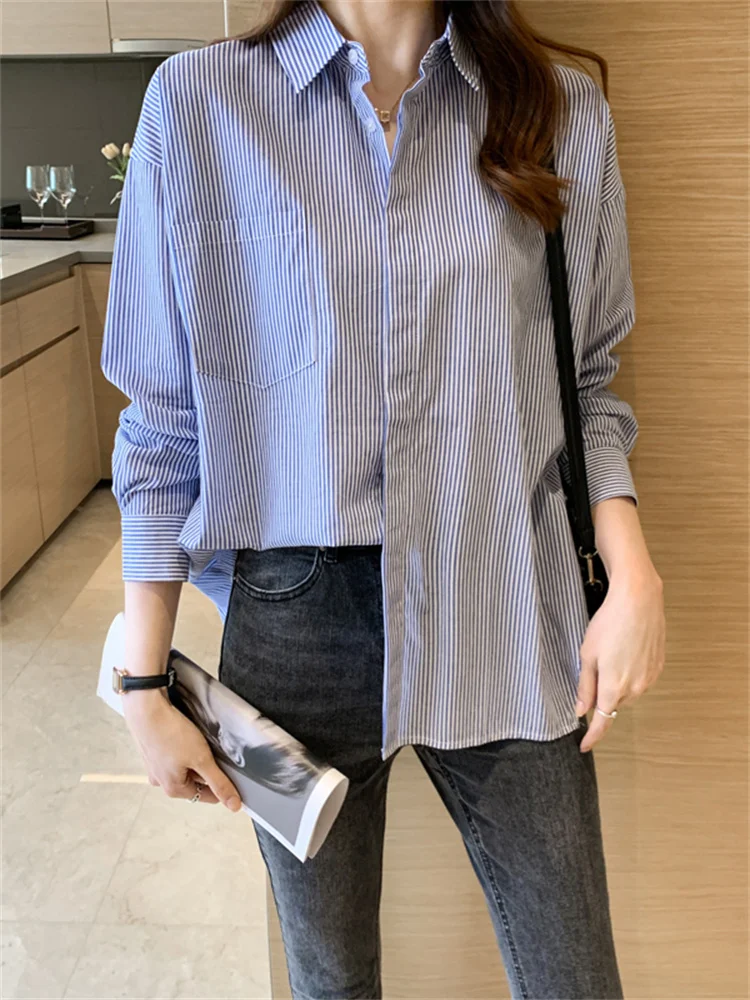 

Женская свободная хлопковая рубашка с длинным рукавом, в полоску, винтажный стиль, средней длины, повседневная, в гонконгском стиле, для весны и осени