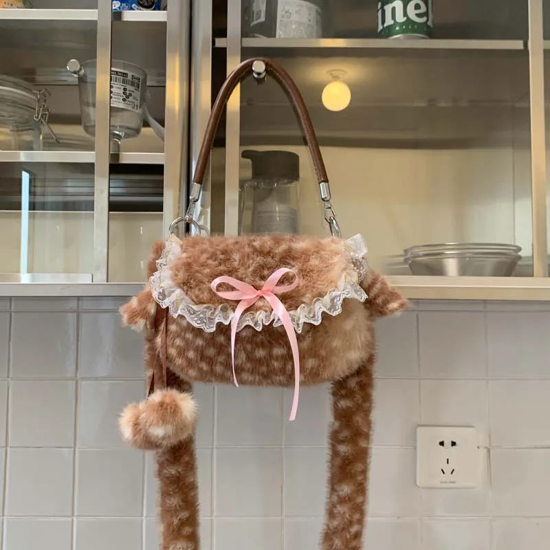 

Cute Plush Bag Japanese Lolita Style Lace-trimmed Handbag Sweet Bow Shoulder Bag Soft Deer-patterned Crossbody Bag Women's Bag