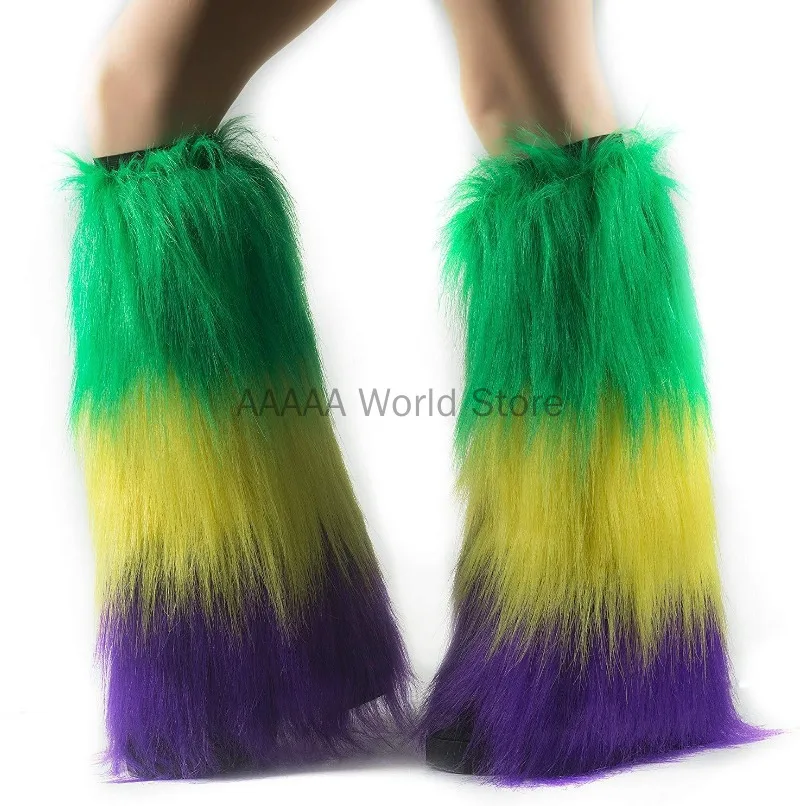 

Mardi Gras Fuzzy Stockings Purple Green Yellow Leg Cover Plush Carnival Cosplay Costume Tri-color Leg Sets Furry Legwarmers