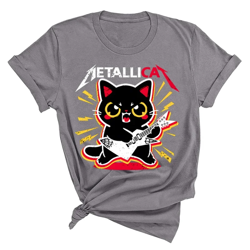 Metall Cat Tops Rock and Roll Kittens T-shirts Guitar Player Vintage Clothes Y2k Fashion Lady Tees Female Summer Tshirt Graphic