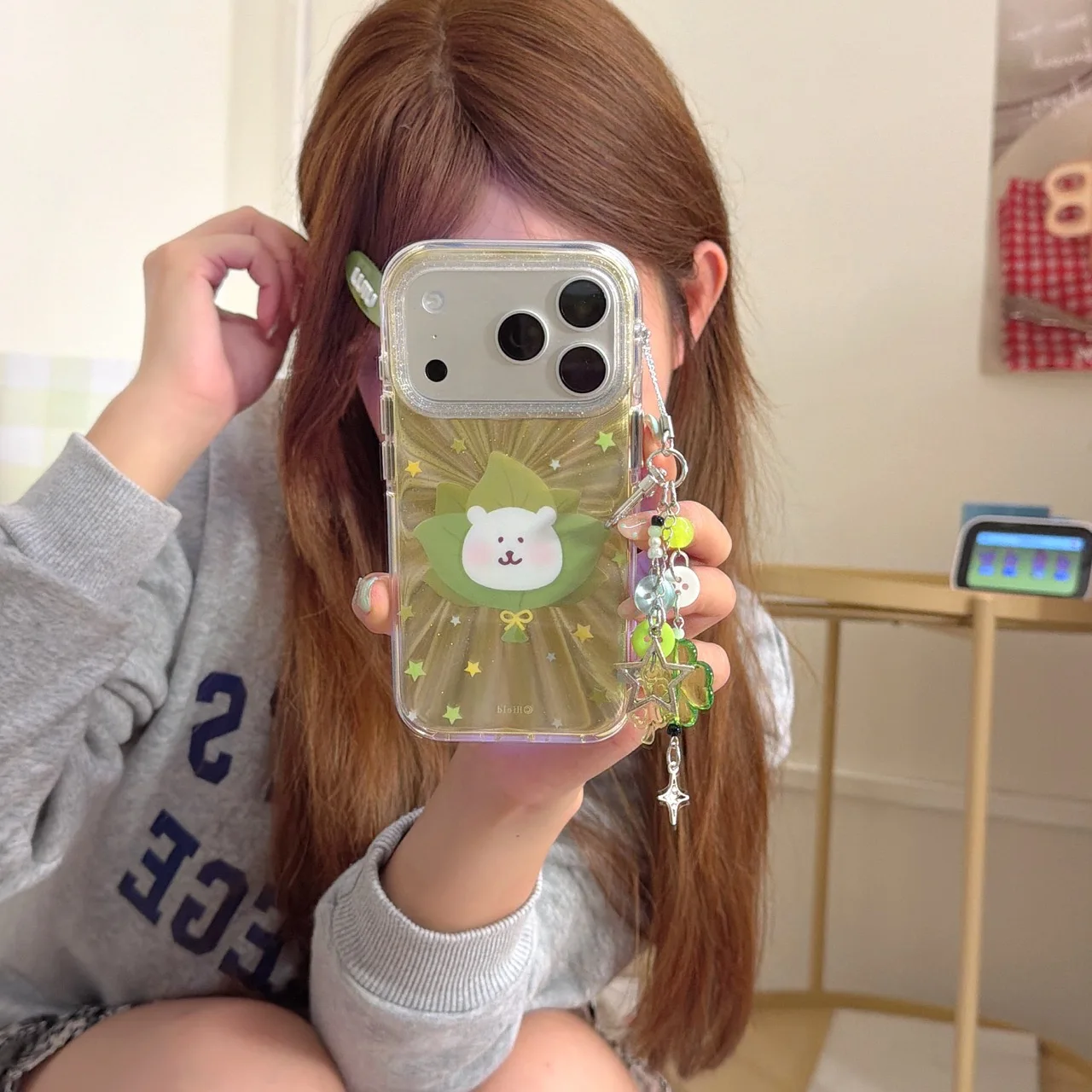 Round-Edge Airbag Double-Sided IMD Grapefruit Leaf White Bear Phone Case for iphone 17 Promax  16 15 14  13 Back Cover Gift