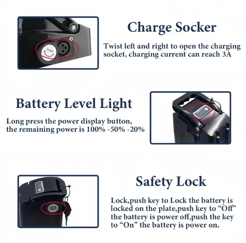 48V30Ah-60Ah 18650 Battery with Anti-theft Lock, 500W, Bottom Discharge Function, Used for Silver Fish Folding Bicycle Battery