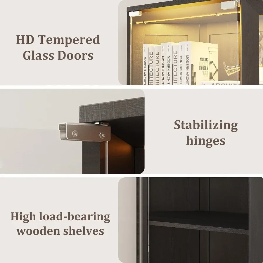 Corner display cabinet with glass doors for living room, engineered wood in black with RGB lights and 3-tier wood shelves, idea view 3