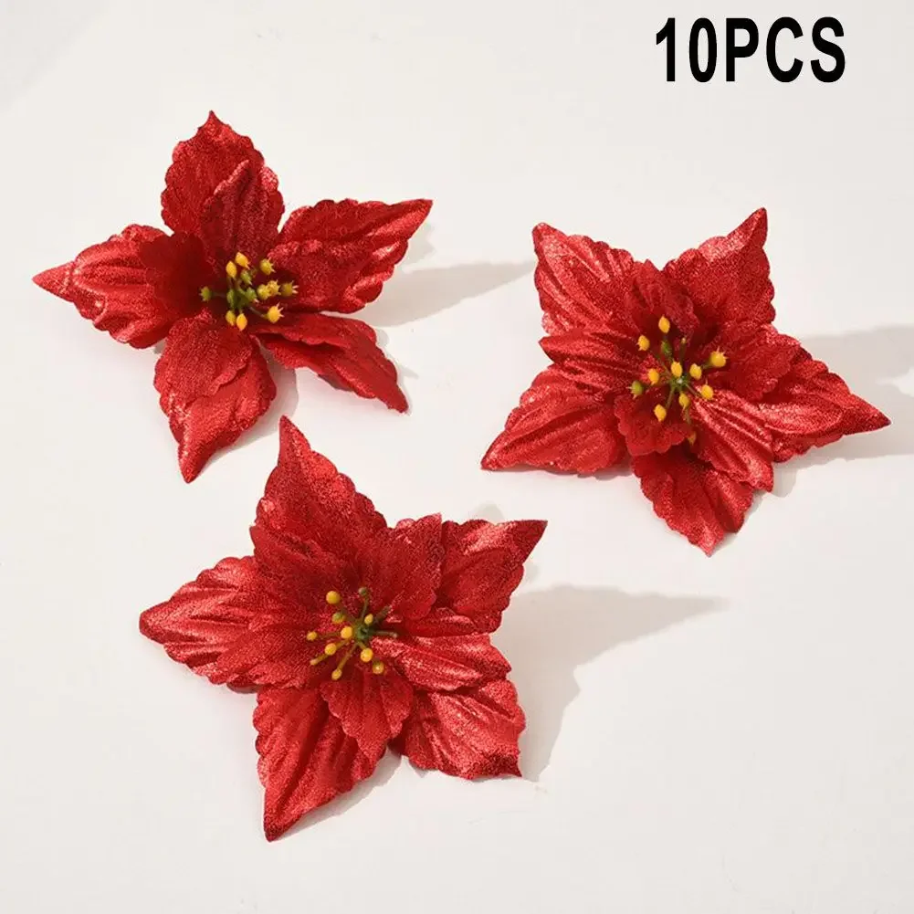 Fleurs de Noël, décorations de Noël, poinsettia, 10 pièces, fleurs artificielles pour arbre de Noël, joyeux nouvel an