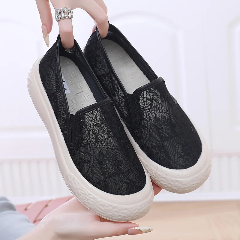

2024 Summer Xiaoxiangfeng Fisherman Soft-soled Shoes Non-slip Women's Lace Mesh One-pedal Platform Mesh Shoes