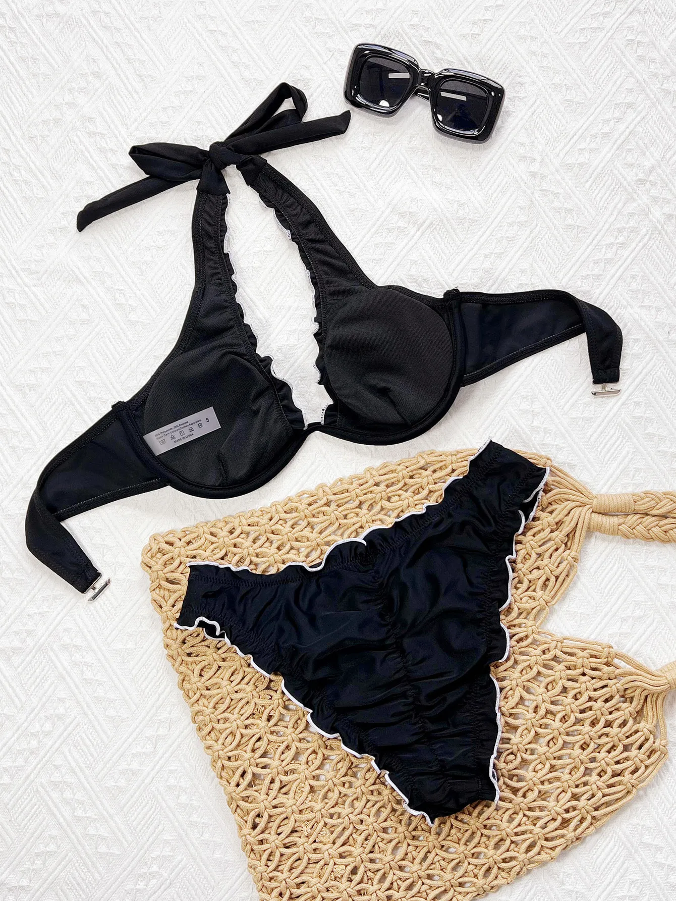 Conjuntos de bikinis push up de retazos blancos y negros sexys, trajes de baño de dos piezas con lazo en la espalda, conjunto de bikini tankini, ropa de playa