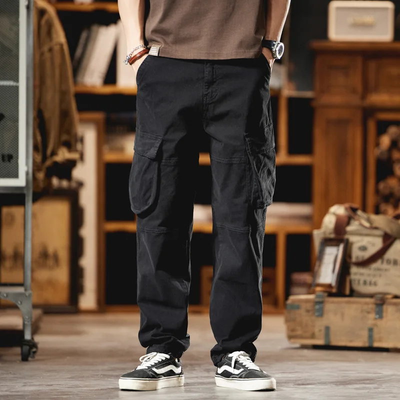 Men\'s Streetwear Loose Casual Vintage Pure Cotton Big Pocket Straight Cargo Pants Cityboy Trousers