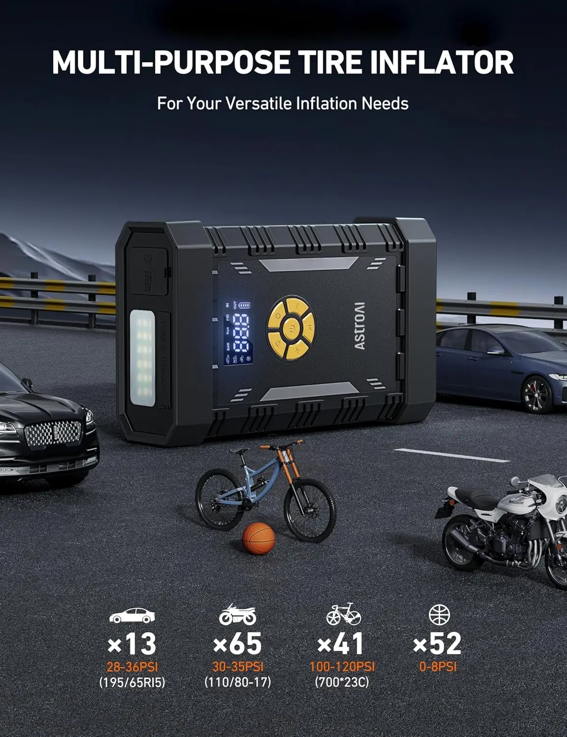 A30 Jump Starter مع ضاغط هواء، 4000 أمبير، 150 رطل لكل بوصة مربعة، شاحن 12 فولت، شحن سريع، منفاخ إطارات، أصفر #4