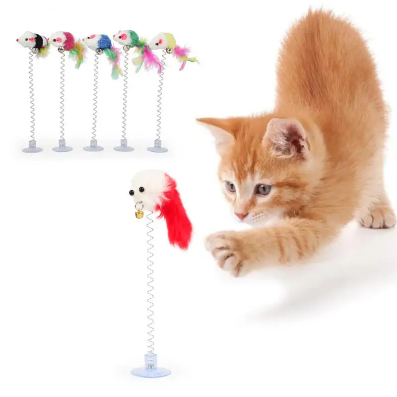 Multicolor Feather Stick Spring Toy Suction With Bell Mouse Cat Interactive Pet Tool Mice Teaser Elastic Scratcher Entertainment