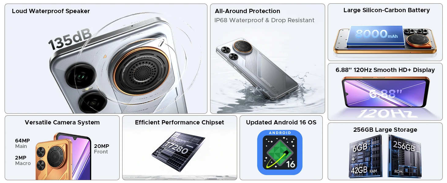 Doogee M30 Smartphone 135Db Speaker Android 16 8000Mah Battery 6.88'' Screen 48Gb Ram (6Gb +42Gb) 256Gb Rom Unisoc T7280 Nfc