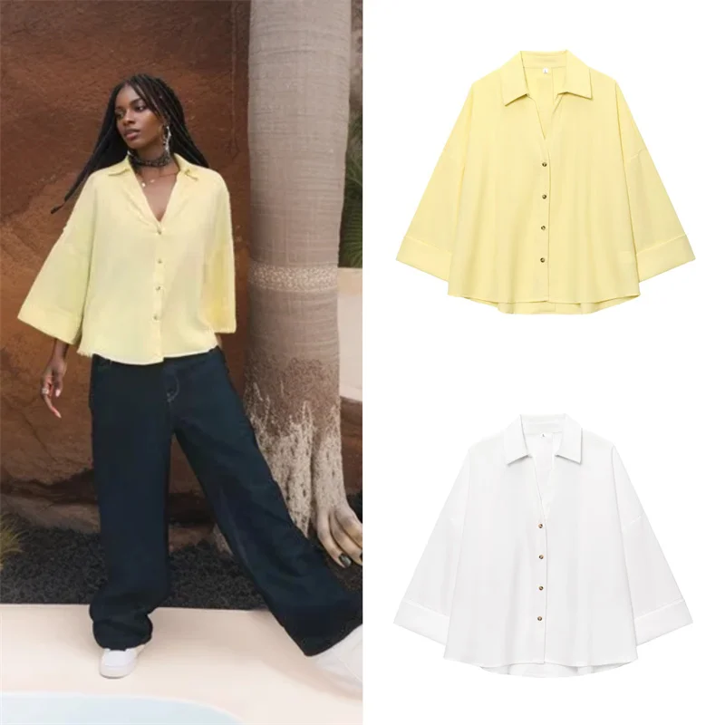 

Women Casual Loose Shirt Lapel Buttons Wide Sleeve Shirt 2025 New Spring Summer Minimalist Holiday Versatile Shirt