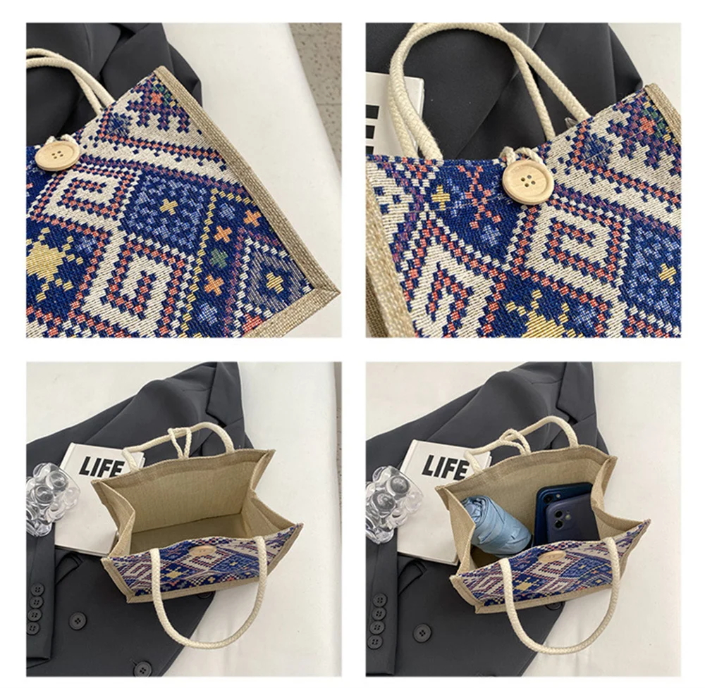 Linen Bag Women Ethnic Patterns Handbag Eco-friendly Grocery Bag Gift Bag with Handle Casual Button Tote Bag Portable Pouch New