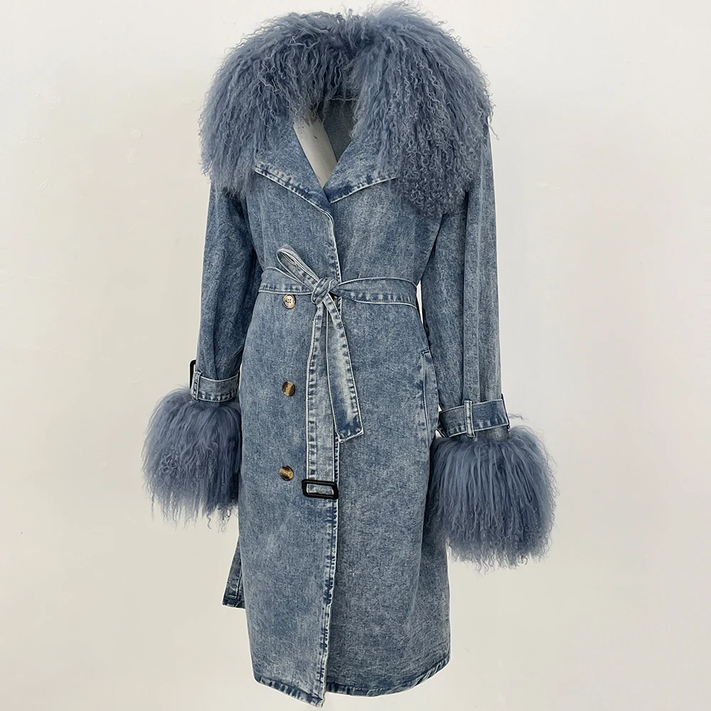 MENINA 2025 Jaket Denim Kerah Bulu Mongolia Baru Mantel Hujan Panjang Musim Semi Musim Gugur dengan Kerah Bulu Dapat Dilepas Kerah Wol Pantai