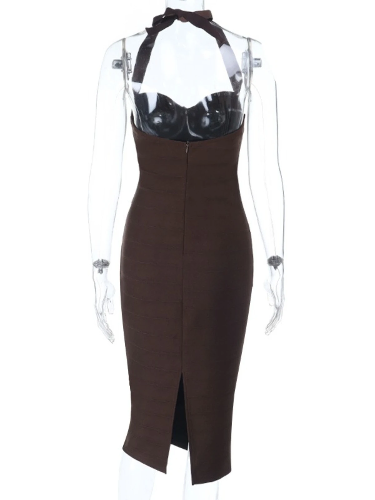 SsTss Sexy Mulheres Sem Mangas Backless Slim Bodycon Vestido Elegante Listrado Lace-up Halter Neck Cintura Alta Pacote Hip Midi Vestido