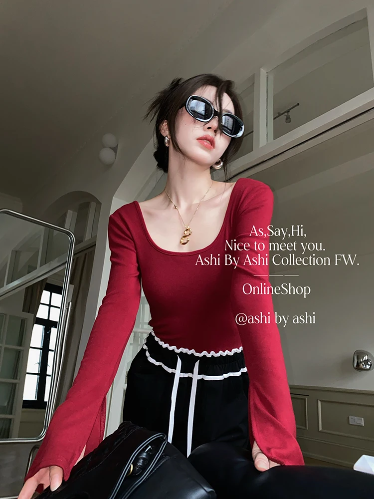 CHEERART Autumn T Shirt Women Flares Long Sleeve Crop Top Beige White Tunic Basic Knit Top Black Red Tshirt Fall Clohtes